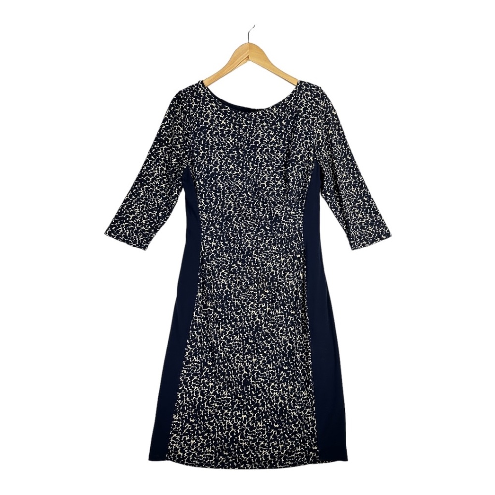 Lauren Ralph Lauren Women's Dress Ruched Blue Beige 3/4 Sleeve Lined Size 12